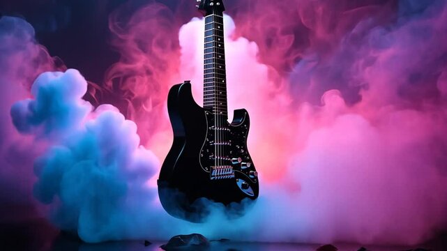 A striking electric guitar suspended in vibrant, swirling smoke against a dark backdrop