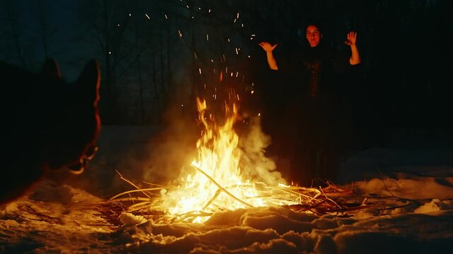 Dog looking at woman performing witchcraft during night. Woman doing magic with bonfire in dark forest. They are on snowy landscape.