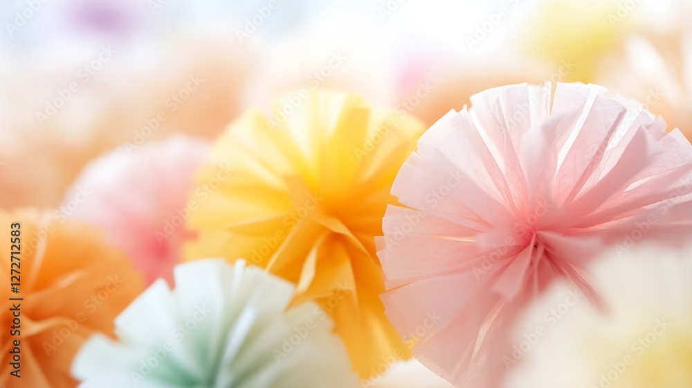 Poster colorful paper pom poms for event decoration in soft focus background : generative ai