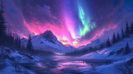 A glowing aurora borealis over a snowy landscape 