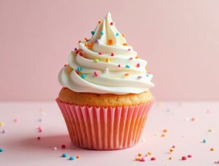 A beautifully decorated cupcake with colorful frosting and sprinkles