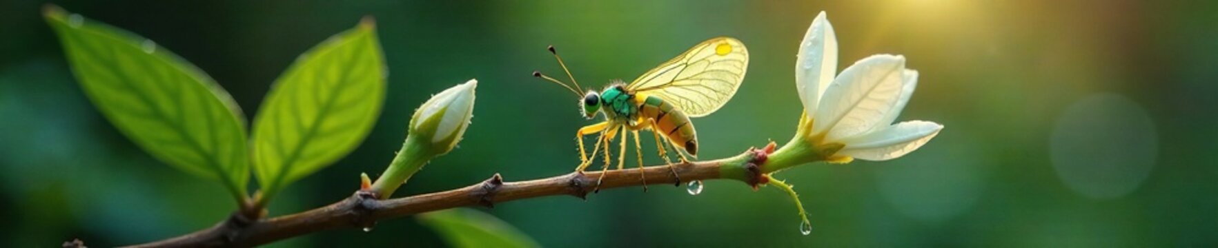 Zelus renardii nymph on jasmine branch with dew drops, biology, flower detail, zelus renardii