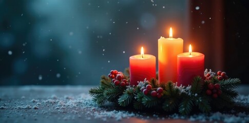 Softly glowing candles illuminate a misty Advent wreath scene with snowflakes, festive, advent