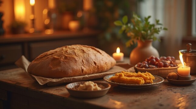Traditional loaf of bread beside a Suhoor meal, warm light in the early morning during Imsak, calm and cozy setting, peaceful preparation for fasting