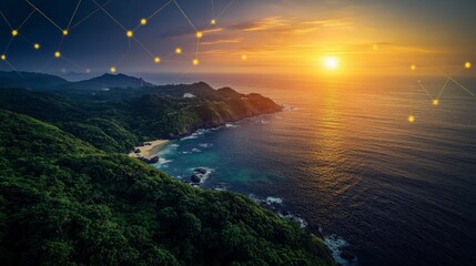 Serene Sunset Coastal Landscape with Network Connection Overlay