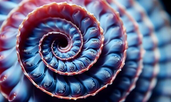 Blue-red spiral shell macro, abstract background, nature design