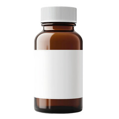 Amber glass medicine bottle with blank label and white cap, ready for customization