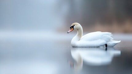 Obraz premium Graceful White Swan Swimming on a Misty Lake with Soft Reflection in the Morning Light : Generative AI