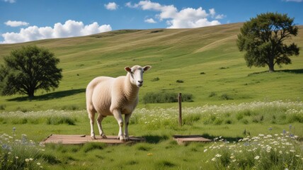 Fototapeta premium A fluffy sheep calmly stands on a rustic wooden platform in a vibrant green pasture, under a brilliant sunny sky, with rolling hills and distant trees creating a picturesque pastoral scene.
