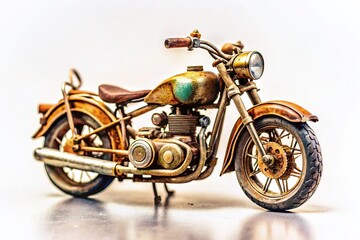 Fototapeta premium Vintage Motorcycle Model, Retro Bike Miniature, Classic Motorcycle Replica, Old Motorbike Toy, White Background