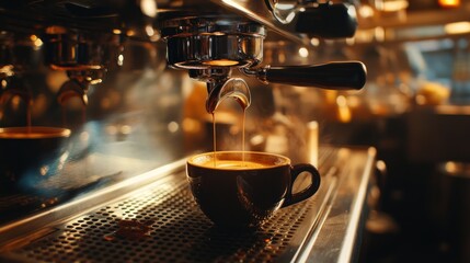 Espresso brewing in a caf?, capturing rich coffee extraction.