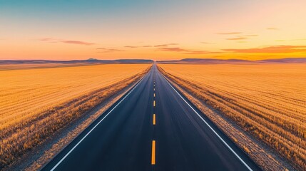 Fototapeta premium An endless asphalt road stretches through golden fields under a vibrant sunset sky, symbolizing adventure and freedom.