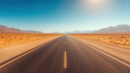 Fototapeta premium A long, straight road stretches through a vast desert landscape under a clear blue sky, with mountains faintly visible on the horizon.