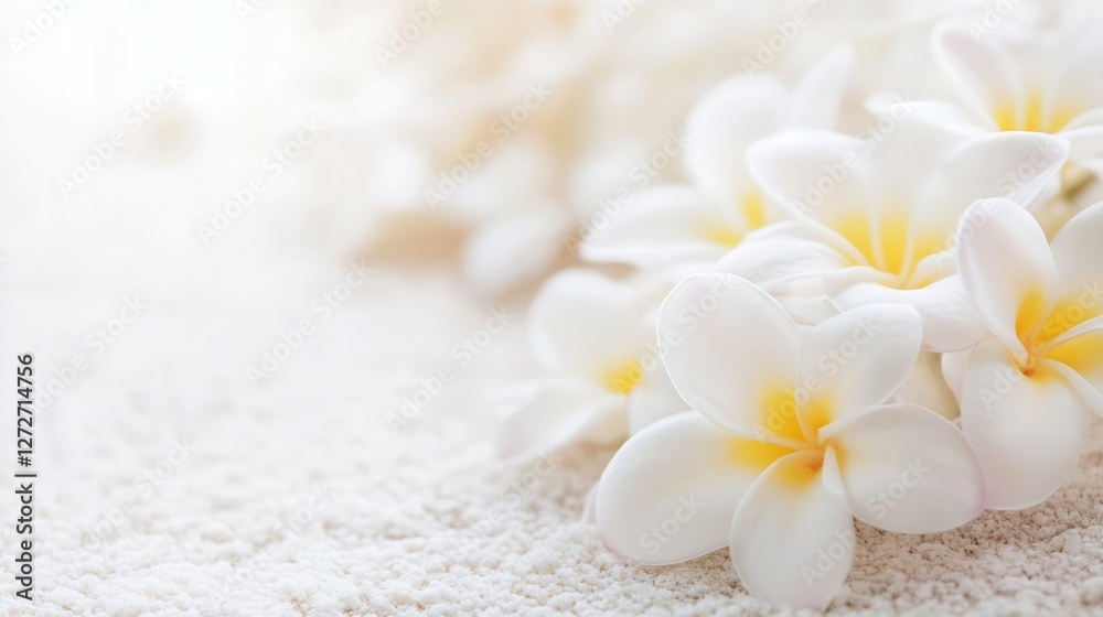 Aufkleber serene plumeria flowers with yellow centers on a soft background : generative ai