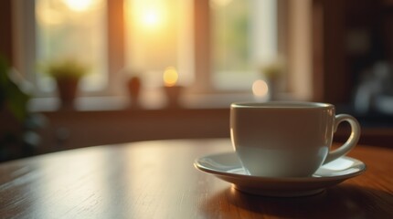 Fototapeta premium A coffee cup on a table during Imsak, soft dawn light through the window, peaceful and quiet early morning atmosphere