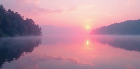 Fototapeta premium Soft pink light on lake surface with misty air, golden hour, natural