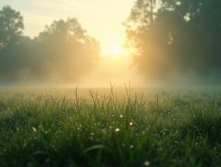 Early morning light over a dewy landscape, soft mist rising, calm and serene atmosphere, fresh and tranquil natural scene