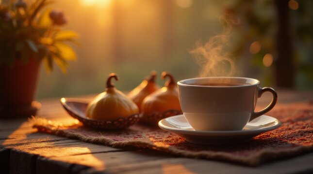 A coffee cup placed beside traditional Suhoor food during Imsak, soft warm light, calm and intimate atmosphere, peaceful fasting preparation
