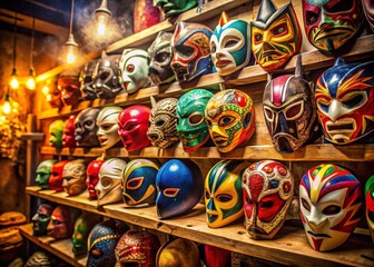 Fototapeta premium Vintage Photo: Colorful Lucha Libre Masks Displayed in a Mexican Shop
