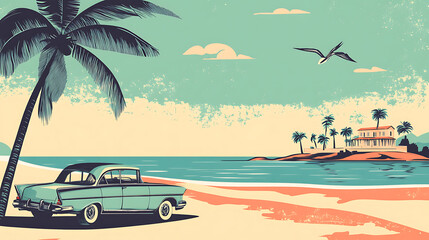 Pixel Art of a Turquoise Classic Car on a Sandy Beach with Palm Trees and Blue Ocean