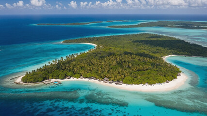 Obraz premium Aerial view of a tropical island with turquoise waters and sandy beaches