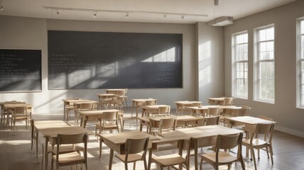 Fototapeta premium Sunlight streams through large windows illuminating a classroom filled with simple wooden desks and chairs arranged in neat rows, ready for students