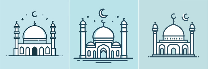 A clean, minimal flat design of a mosque with a single dome and two minarets. The mosque is outlined in simple lines, set against a light blue sky, with a small crescent moon above it to mark the Eid 