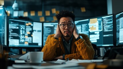 A frustrated developer struggling with bugs in a sleek, minimalist office. Featuring error-filled monitors