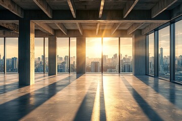 Fototapeta premium Sunrise Illuminates Empty Office Space with City Views, Modern Architecture, Concrete Design, and Vast Windows.
