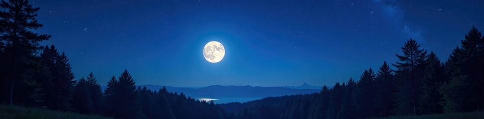 Starry night sky shines above a peaceful moonlit forest scene, tall, forest, stars