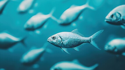 Fototapeta premium Underwater Scene with School of Fish Swimming in Clear Water