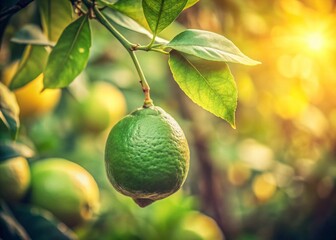 Vintage Photo of Green Lemon on Branch - Rustic Still Life