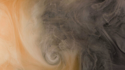 Energy mist. Ink twirl. Defocused yellow black smoke cloud shiny splash texture fog paint on abstract art light background.