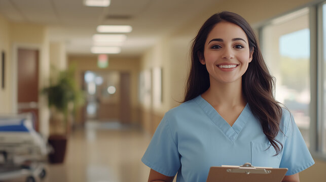 National Nurses Day, nurse wearing light blue uniform smiling while holding clipboard in bright hospital hallway, Ai generated images