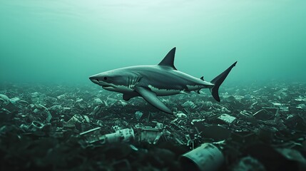 Fototapeta premium Shark Swimming Among Sea of Ocean Pollution and Plastic Debris