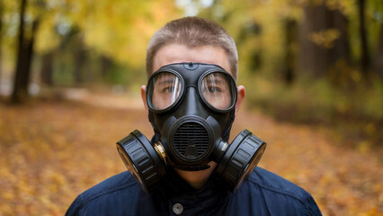 Man Wearing a Gas Mask in an Autumnal Forest