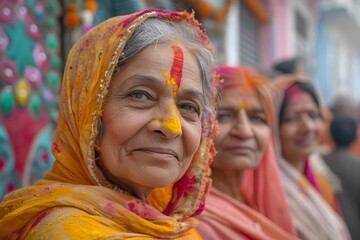 Fototapeta premium Elderly Indian women in colorful traditional dress at Hindu festival. Cultural celebration with vibrant saris and religious facial markings. Authentic portrait of senior ladies.