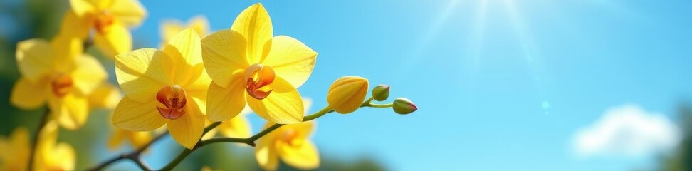 Sunny yellow orchid flowers against a bright blue sky, color, garden, sunshine