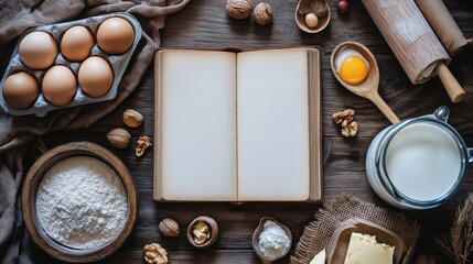 flat lay of various baking ingredients and tools on a wooden table. In the center of the image, there is an open book with blank pages.