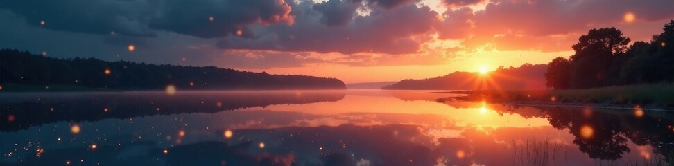 Fototapeta premium The surface of a calm lake glistens in the soft glow of falling golden stars, serene, field, sunset