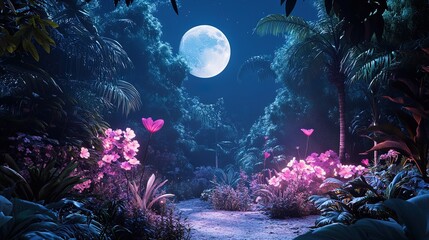 Obraz premium A botanical garden filled with rare, glowing plants under soft moonlight 