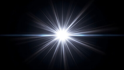 A sharp, high-energy white flare with intense linear streaks and glowing edges, radiating symmetrically on a black background. Ideal for adding powerful highlights and dramatic intensity.