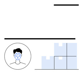 Human face with facial recognition pattern, digital interface design, and stacked boxes. Ideal for AI systems, data processing, security, logistics, automation, innovation abstract line flat