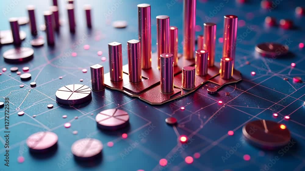 Poster 3d infographic with shiny neon graphs, bars and pie charts. abstract business concept