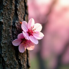 Trunk covered in delicate pink cherry blossom petals, spring, flower