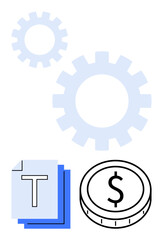 Document stack, dollar coin, and interconnected gears symbolizing workflows, automation, financial management, and system efficiency. Ideal for business processes, finance, innovation technology