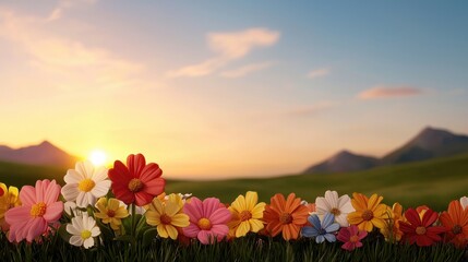 Fototapeta premium sunset in the mountains and flowers