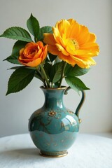 Vintage orange citrus blossom in a decorative vase, vase,