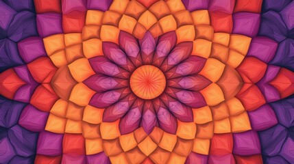 Obraz premium A vibrant, symmetrical mandala featuring intricate patterns in shades of purple, orange, and yellow, creating a radiant floral design.