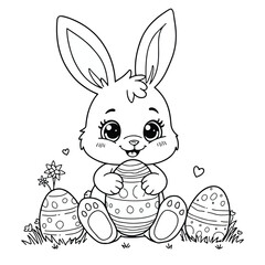 Cartoon Rabbit Sitting and Painting Easter Egg